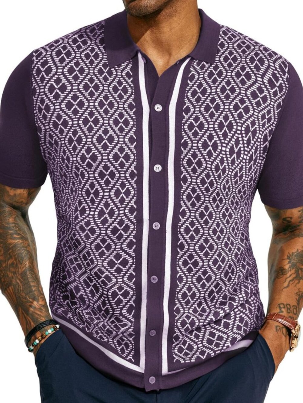 Men's Purple 70s Vintage Polo Contrast Knitted Retro Top Casual Shirt